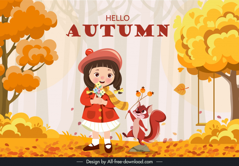 hello autumn banner template cute girl squirrel cartoon 