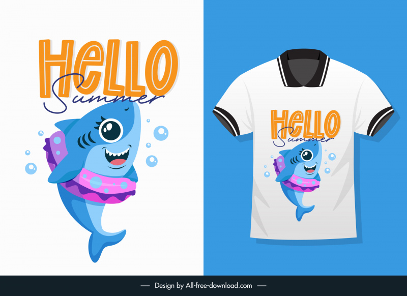 hello summer t shirt template cute stylized shark sketch