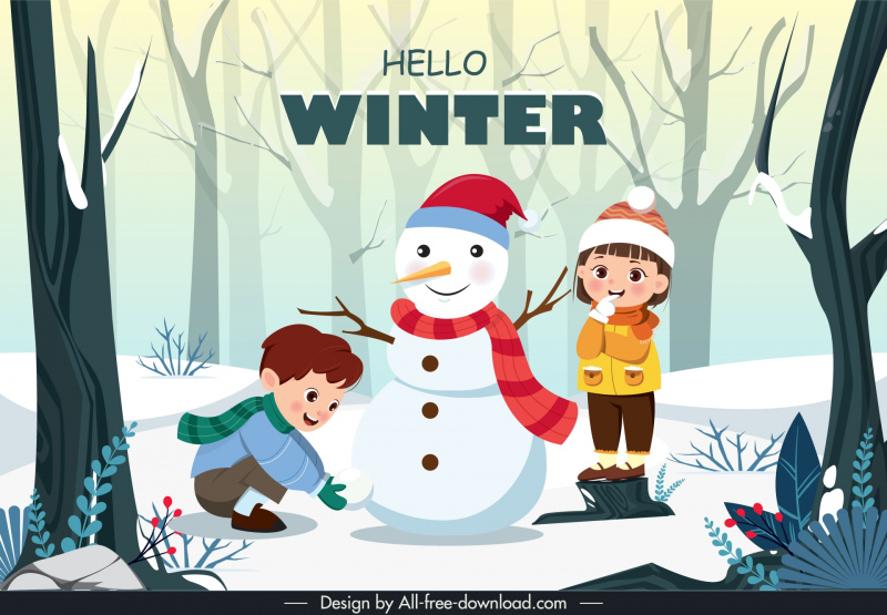 hello winter backdrop cute cartoon children snowman