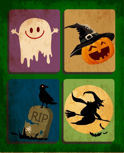 helloween design elements ghost pumpking tomb wizard icons