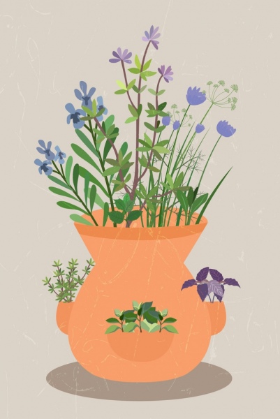 herbal flowers background pot icon colorful design