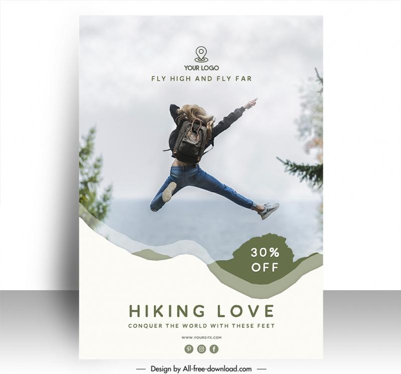 hiking poster template dynamic jumping girl sea scene 