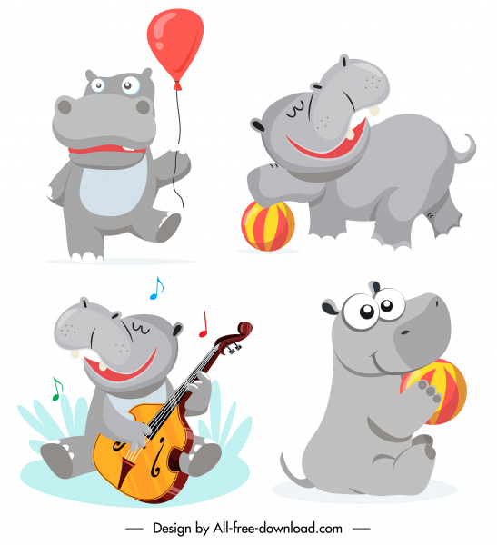 hippo icons cute stylized cartoon sketch joyful activities