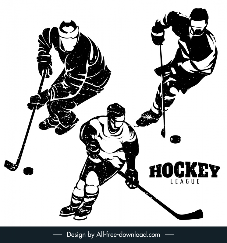 hockey players design elements retro dynamic silhouettes sketch