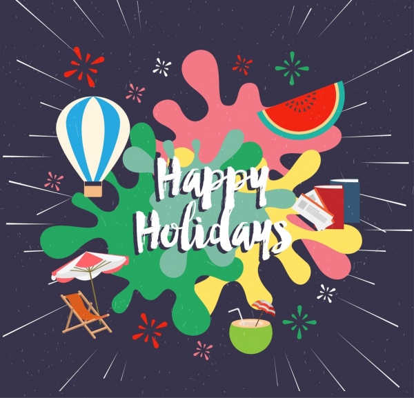 holiday greeting banner fruits icons multicolored grunge style