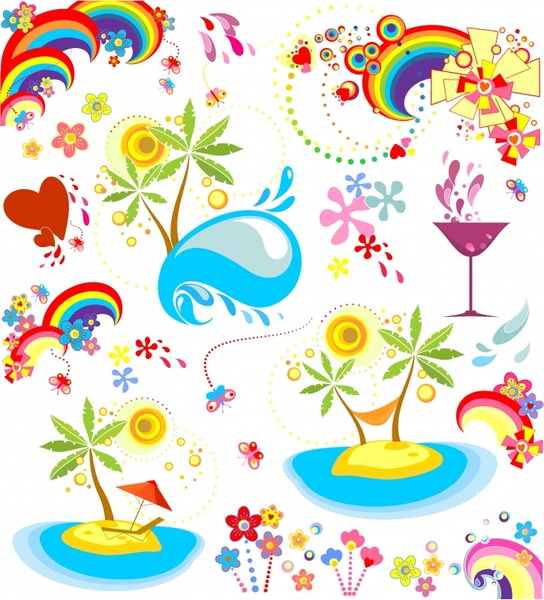 holiday design elements island sea wave rainbow icons