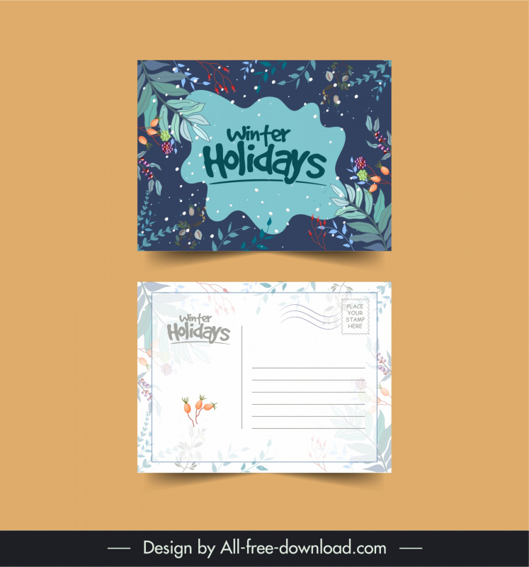 holiday postcard templates winter leaves contrast