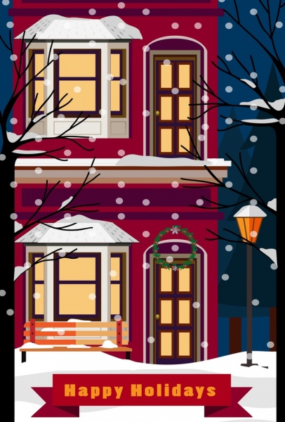 holiday poster winter background falling snow house icons