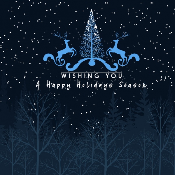 holidays season banner falling snows background reindeers icons