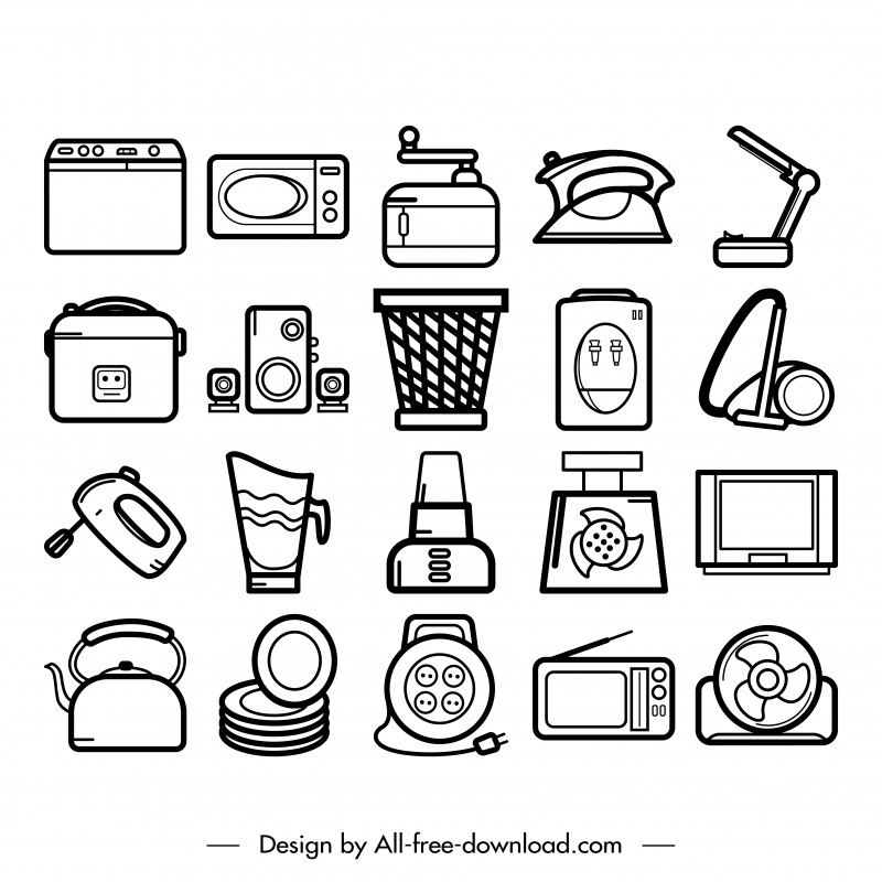 home appliances icon sets flat black white handdrawn sketch 