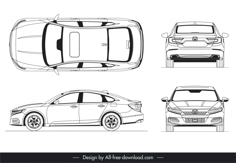honda accord 2018 template flat black white handdrawn different views outline  