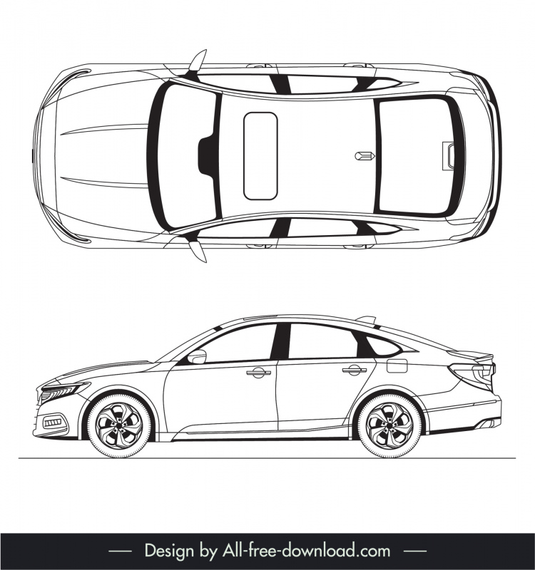 honda accord 2018 template flat black white handdrawn top view side view outline 