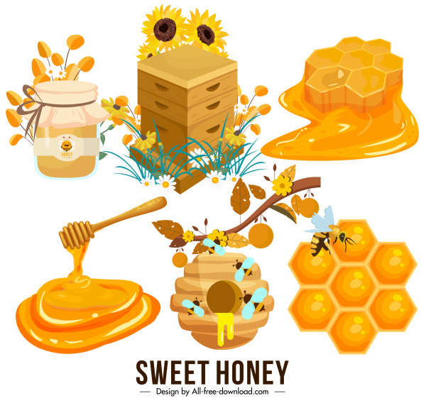honey design elements colored 3d symbols sketch