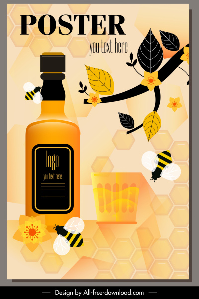 honey drink advertising poster bottle flower bees decor
