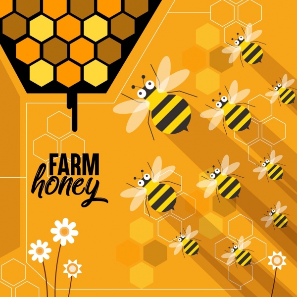 honey farm advertising bees icons orange yellow design