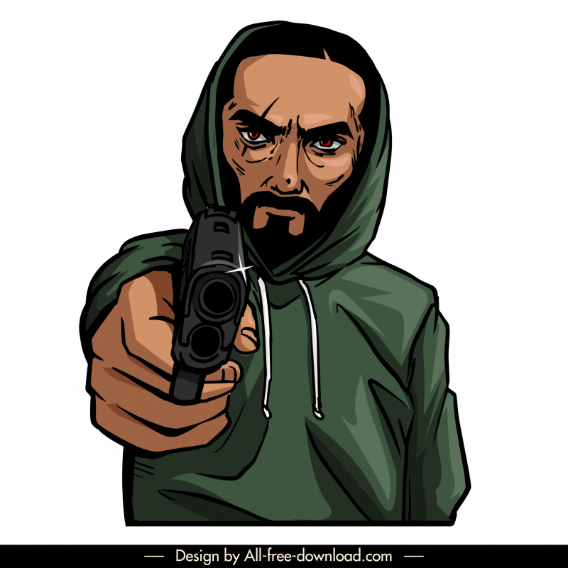 hooded gunman icon dynamic cartoon character sketch