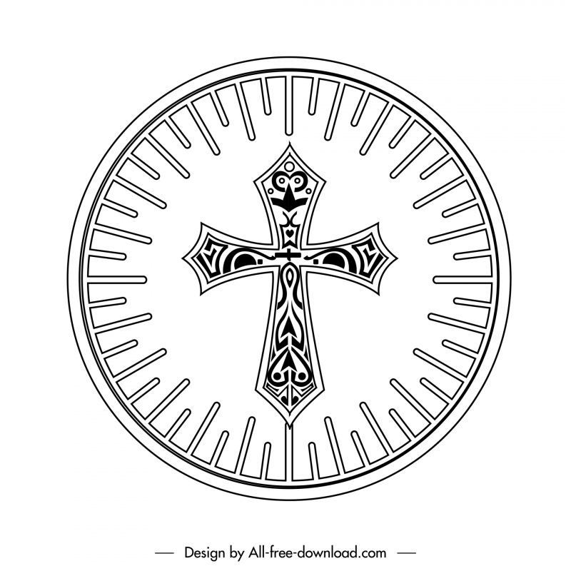 host religion icon black white holy cross rays decor round shape outline