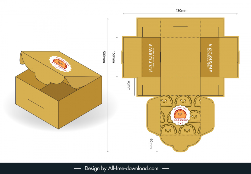 hot karipap box packaging template classic flat 3d sketch