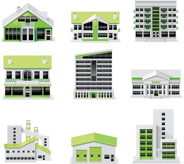 building architectural icons modern 3d colored sketch