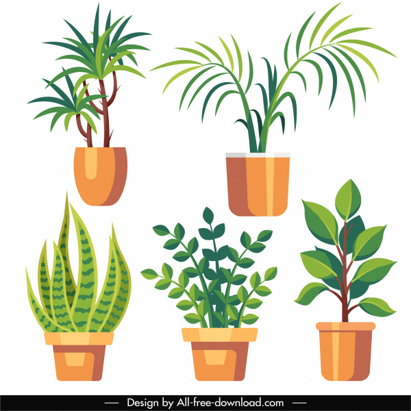 houseplant icons colored flat sketch