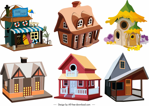 houses icons colorful 3d vintage contemporary sketch