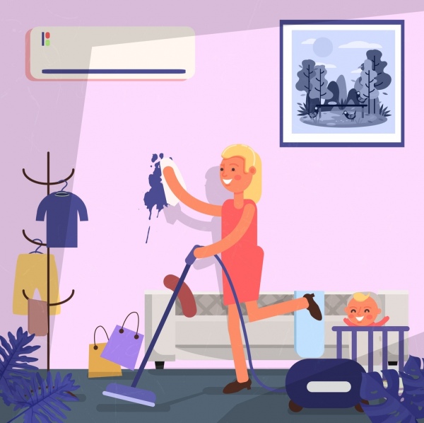 housewife background woman cleaning icon cartoon character