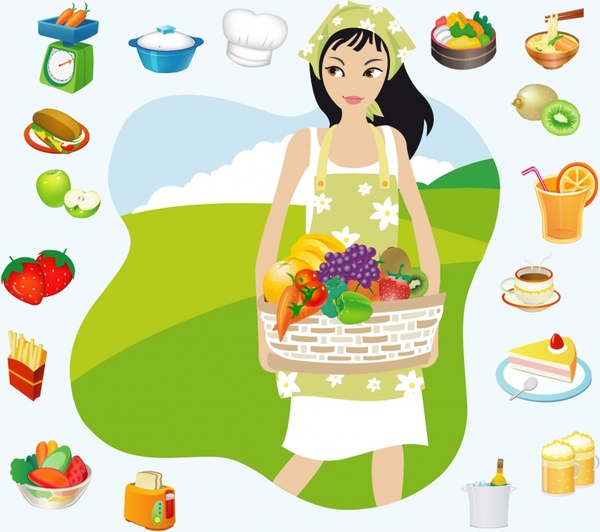 housewife work design elements food icons cartoon design
