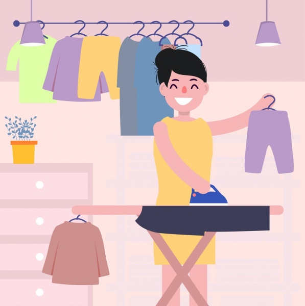 housewife work background woman ironing icon cartoon design