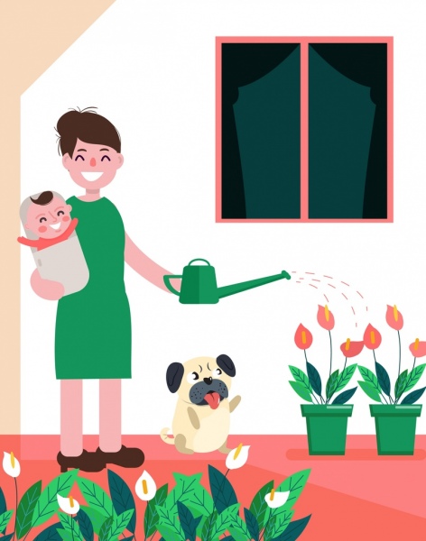 housewife work drawing mother baby watering icons