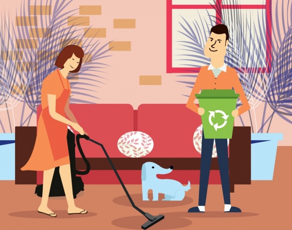 housework painting cleaning couple icon cartoon design
