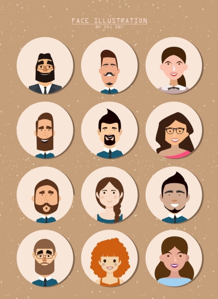 human faces collection colored cartoon circles isolation