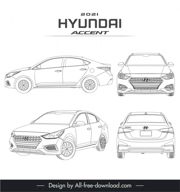 hyundai accent 2021 advertising template handdrawn black white different views outline