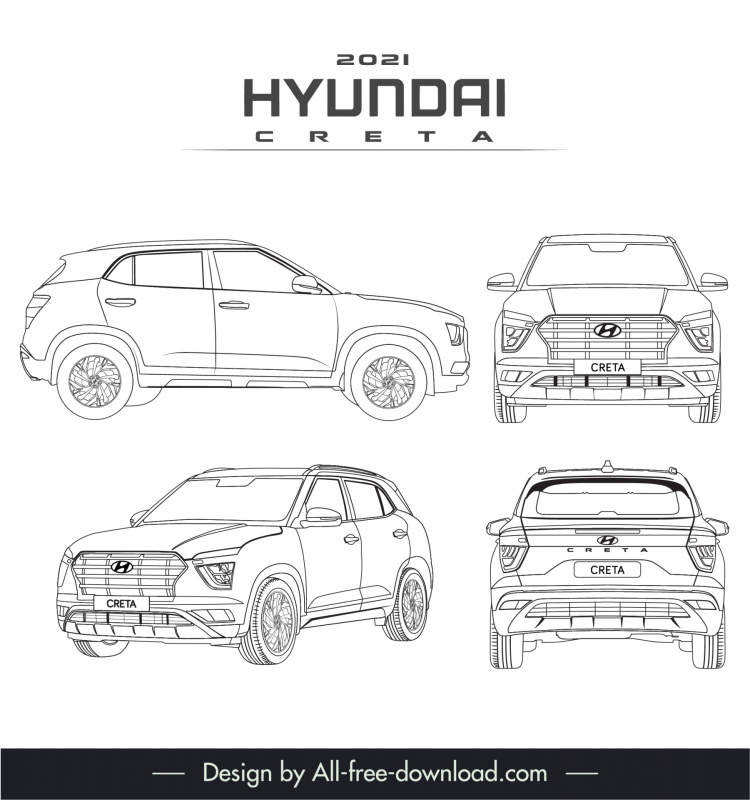 hyundai creta 2021 car advertising template black white handdrawn outline different views sketch