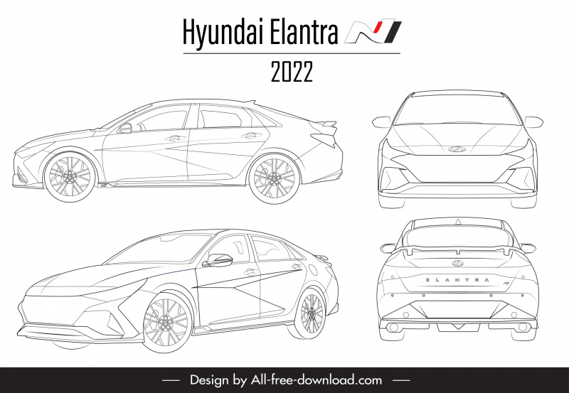 hyundai elantra n 2022 car model advertising template black white handdrawn different views outline