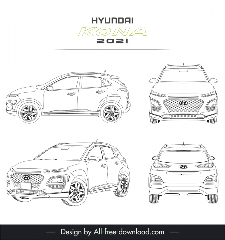 hyundai kona 2021 car model advertising template black white handdrawn outline