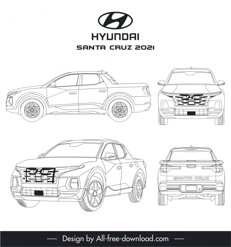 hyundai santa 2021 car model advertising black white handdrawn different views outline