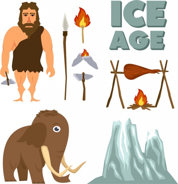 ice age design elements ancient icons colored cartoon