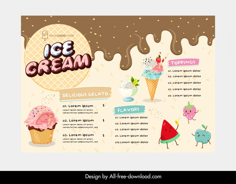 ice cream menu template cute stylized fruits