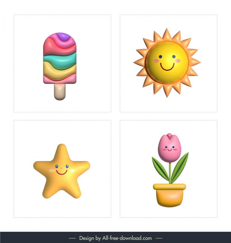 ice cream sun star tulip icons modern 2d to 3d   