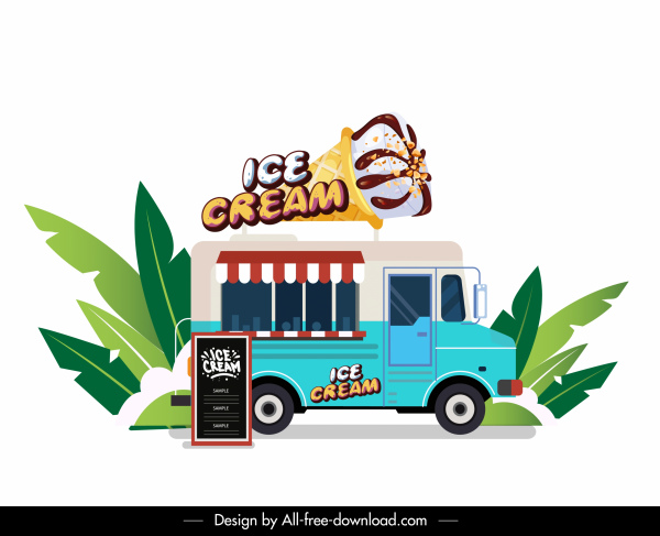 ice cream truck icon colorful flat sketch
