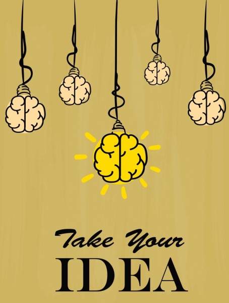 idea concept banner lightbulbs brain icons handdrawn design