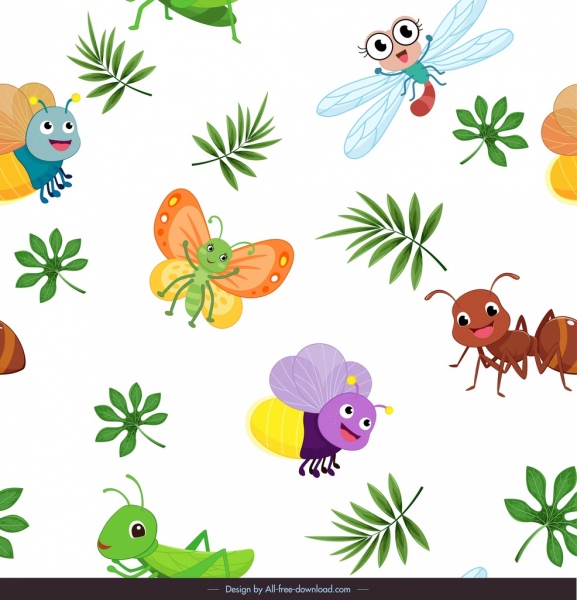 insects background stylized butterflies fly bee ant grasshoppers