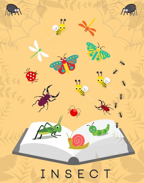 insects background various colorful emblems decoration book icon