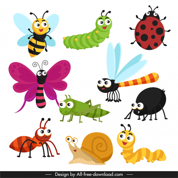 insects icons cute cartoon sketch modern colorful 