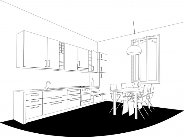 kitchen dining room drawing template contemporary handdrawn sketch 