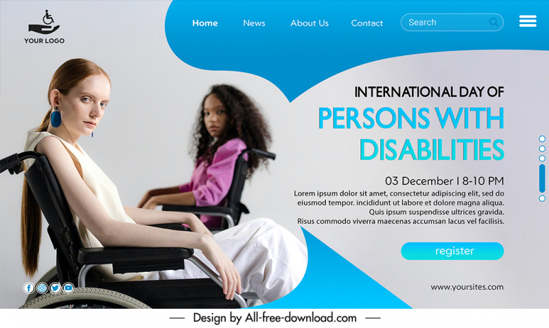  international day of disabled persons landing page template modern realistic people wheelchairs sketch