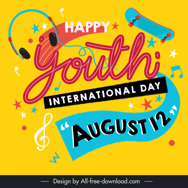 international youth day banner template dynamic music notes headphone skateboard 