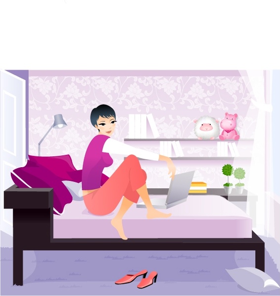 lifestyle background girl laptop bed icons cartoon design