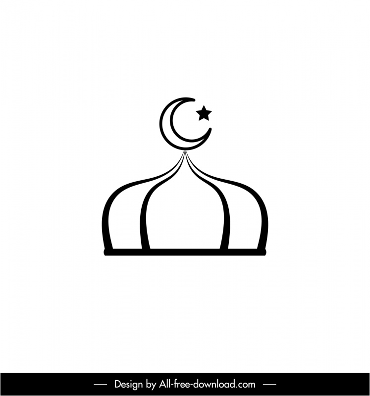 islam architecture sign icon flat black white symmetrical rounded roof crescent star outline