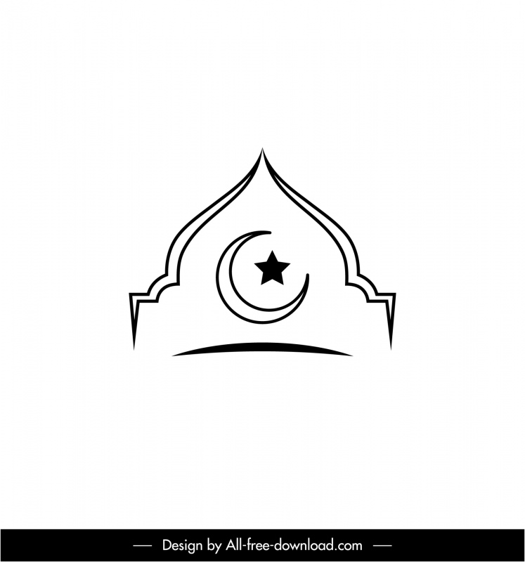 islam sign icon black white flat symmetrical star crescent roof outline